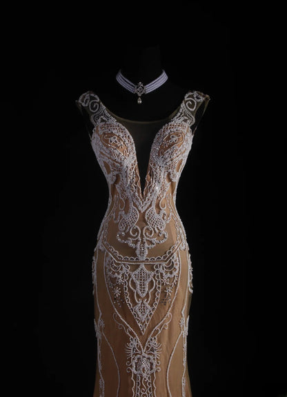 Robe de soirée longue sirène vintage en tulle et dentelle, inspiration champagne, longueur au sol, AS050