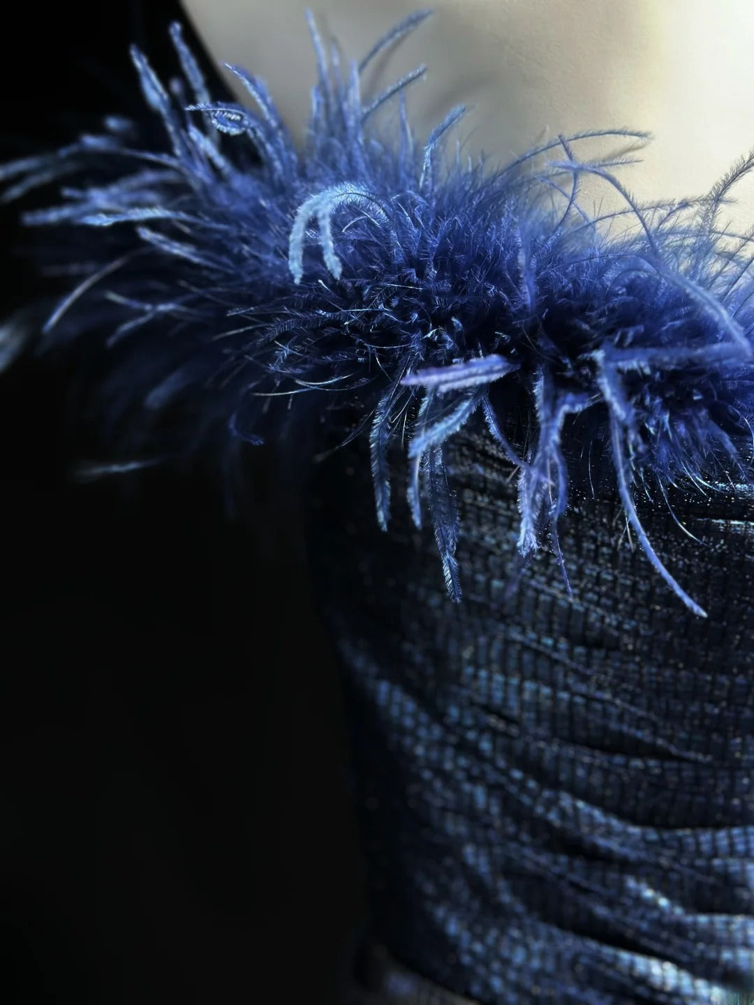 Classy Prom Dresses A line Off The Shoulder Navy Blue Tulle With Feathers Evening Dress Formal Outfits RB5857