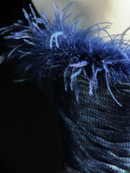 Classy Prom Dresses A line Off The Shoulder Navy Blue Tulle With Feathers Evening Dress Formal Outfits RB5857