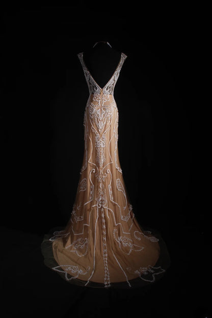 Robe de soirée longue sirène vintage en tulle et dentelle, inspiration champagne, longueur au sol, AS050