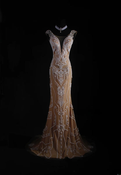 Robe de soirée longue sirène vintage en tulle et dentelle, inspiration champagne, longueur au sol, AS050
