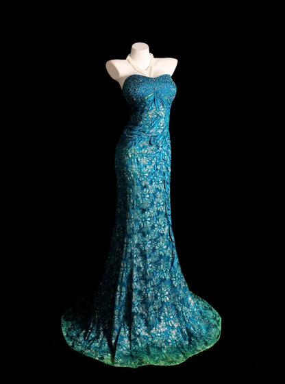 Lace Prom Dress Inspo Mermaid Sweetheart Blue Lace Modest With Beading Formal Party Gown RB9852
