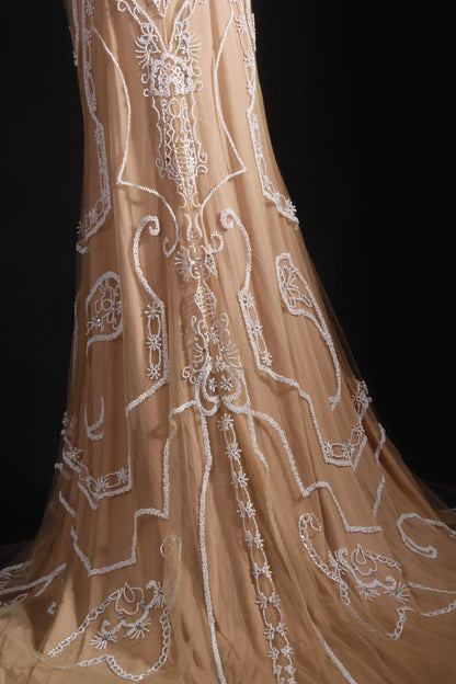 Robe de soirée longue sirène vintage en tulle et dentelle, inspiration champagne, longueur au sol, AS050