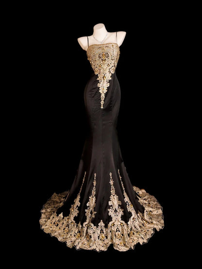 Black Prom Dress Mermaid Gold Lace Spaghetti Straps Modest Floor Length Formal Party Gown RB9853