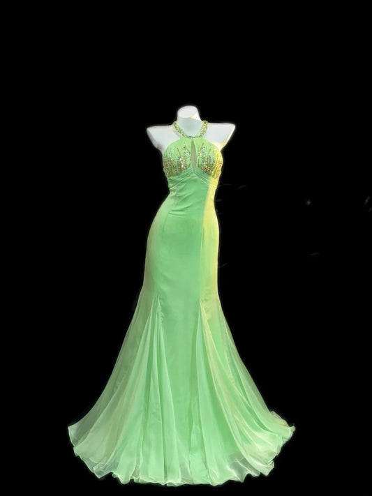 Vintage Meerjungfrauen-Prom-Kleider, Neckholder, ärmellos, grün, Chiffon, rückenfrei, lange Abendkleider, RB3453