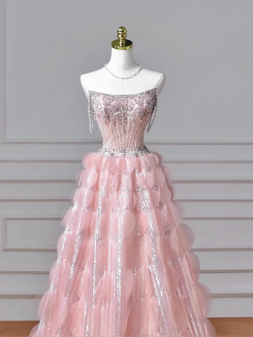 Robe de bal de fin d'année modeste pour lycéennes, inspiration lycéennes, robe de bal longue rose bustier ornée de perles, semi-formelle, AQ051