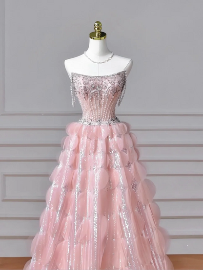 Robe de bal de fin d'année modeste pour lycéennes, inspiration lycéennes, robe de bal longue rose bustier ornée de perles, semi-formelle, AQ051