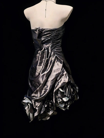 Robe de bal vintage fourreau sans bretelles en taffetas gris, robe courte d'anniversaire, robe de soirée, robe de bal AS051