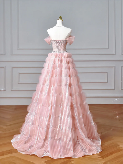 Robe de bal de fin d'année modeste pour lycéennes, inspiration lycéennes, robe de bal longue rose bustier ornée de perles, semi-formelle, AQ051