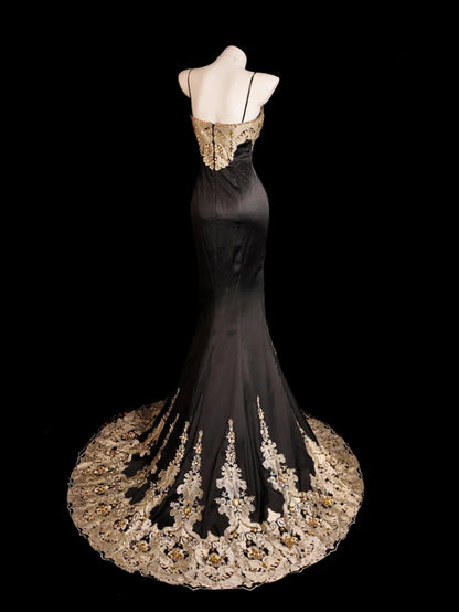 Black Prom Dress Mermaid Gold Lace Spaghetti Straps Modest Floor Length Formal Party Gown RB9853
