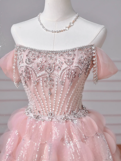 Robe de bal de fin d'année modeste pour lycéennes, inspiration lycéennes, robe de bal longue rose bustier ornée de perles, semi-formelle, AQ051
