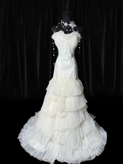 Traumhafte lange Brautkleider im 70er-Jahre-Stil, Meerjungfrauen-Ausschnitt, Boho-Stil, mit Spitze, figurbetont, auch in kleinen und großen Größen erhältlich, AS051
