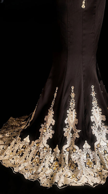 Black Prom Dress Mermaid Gold Lace Spaghetti Straps Modest Floor Length Formal Party Gown RB9853