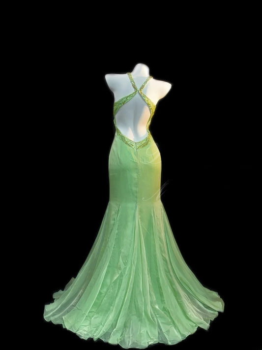 Vintage Meerjungfrauen-Prom-Kleider, Neckholder, ärmellos, grün, Chiffon, rückenfrei, lange Abendkleider, RB3453