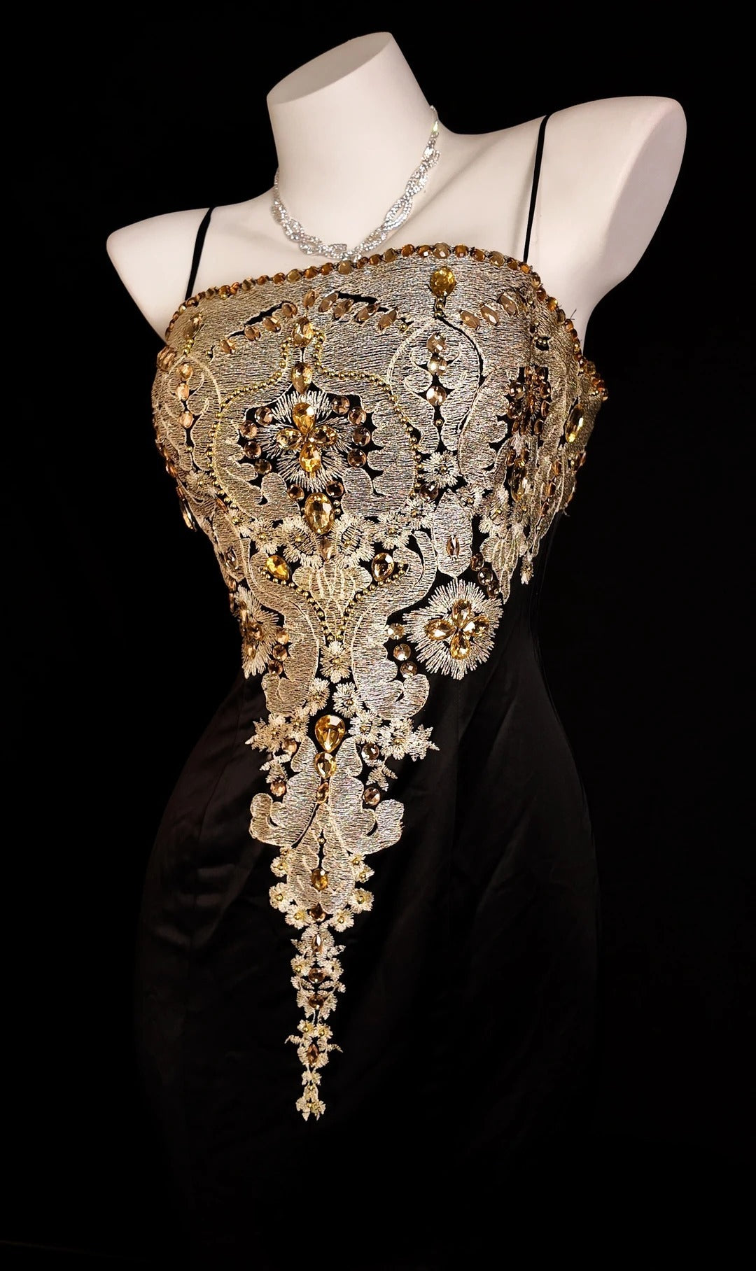 Black Prom Dress Mermaid Gold Lace Spaghetti Straps Modest Floor Length Formal Party Gown RB9853