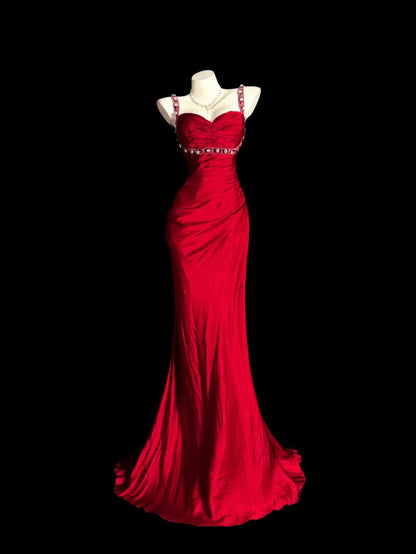 Red Prom Dress Mermaid Backless Spaghetti Straps Modest Floor Length Formal Party Gown RB9854