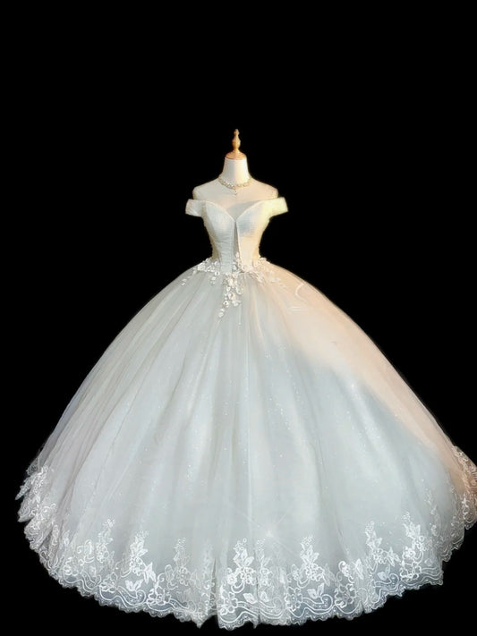 Princess Style Ball Gown Off The Shoulder White With Flowers Brides Gown Bridal Dress Long Wedding Dresses RB5775