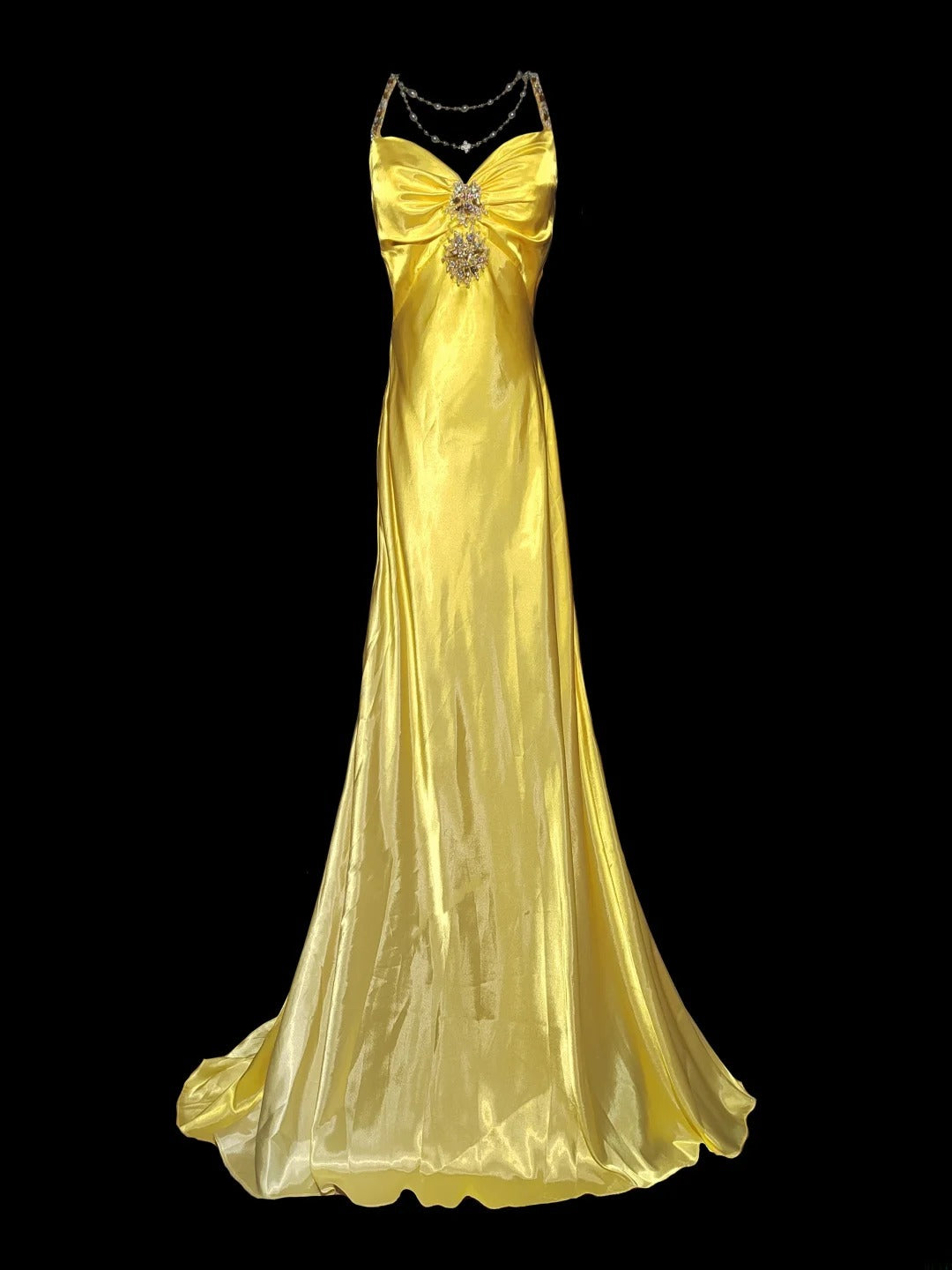 Klassisches Meerjungfrauen-Abendkleid mit Spaghettiträgern, gelbem Rückenausschnitt, ärmellos, aus Satin, für Abschlussball, High School, Abiturball, Abendgarderobe AS052