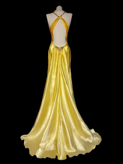 Klassisches Meerjungfrauen-Abendkleid mit Spaghettiträgern, gelbem Rückenausschnitt, ärmellos, aus Satin, für Abschlussball, High School, Abiturball, Abendgarderobe AS052