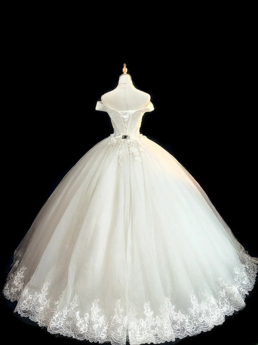 Princess Style Ball Gown Off The Shoulder White With Flowers Brides Gown Bridal Dress Long Wedding Dresses RB5775