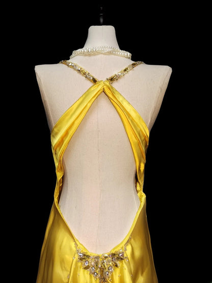 Klassisches Meerjungfrauen-Abendkleid mit Spaghettiträgern, gelbem Rückenausschnitt, ärmellos, aus Satin, für Abschlussball, High School, Abiturball, Abendgarderobe AS052