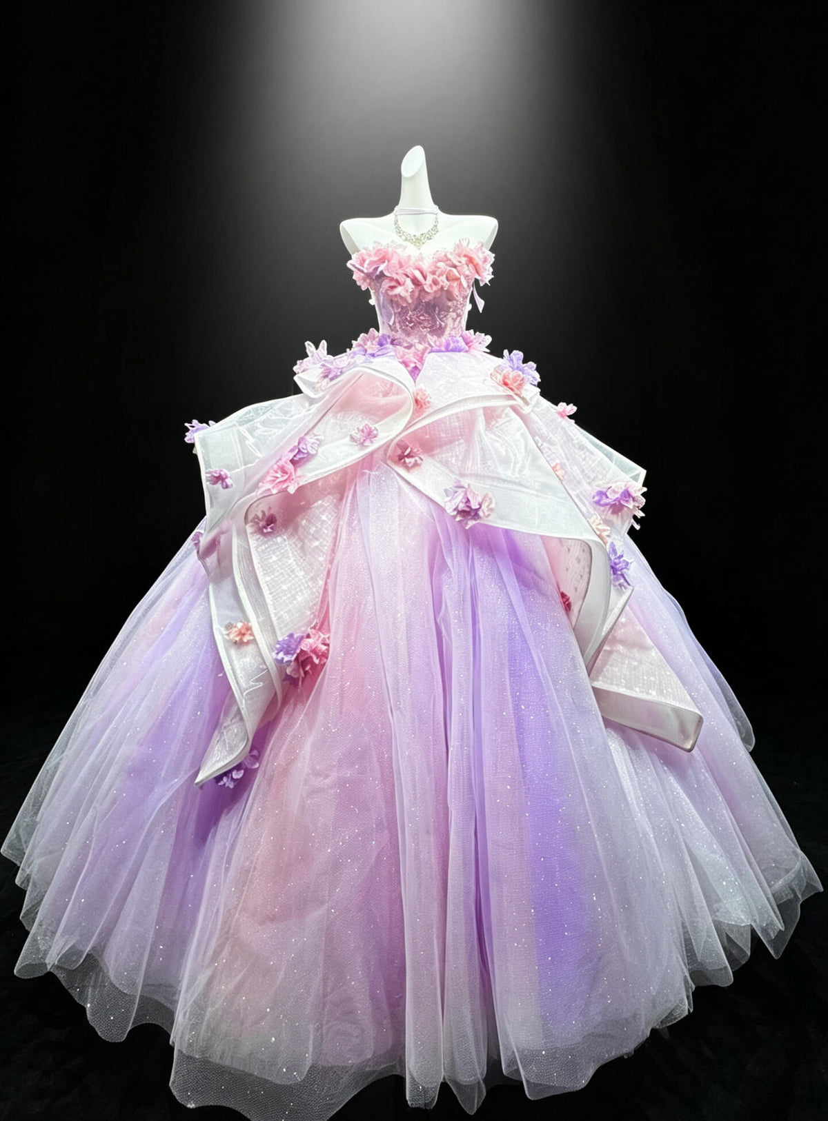 Fairy Quinceanera Dress Ball Gown Sweetheart Pink Lilac Tulle With Flowers Ruffled Quince Dresses RC1083