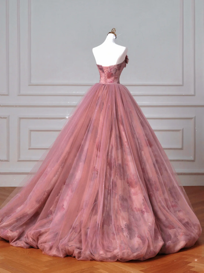 Robe de bal de fin d'année modeste pour lycéennes - Inspiration robe de bal bustier rose à fleurs, semi-formelle, longue, AQ053