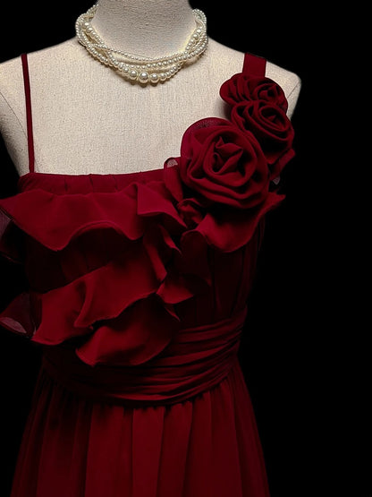 Robe de bal longue classique en mousseline bordeaux, sans manches, à fines bretelles et coupe trapèze, pour les élèves de terminale (AS053)