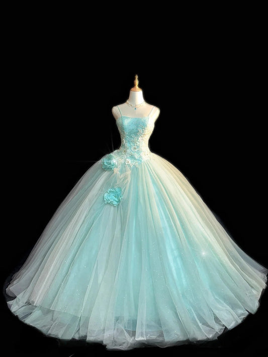 Niedliches Ballkleid mit Spaghettiträgern, hellblauem Tüll mit Perlenstickerei, langes Quinceanera-Kleid, Prinzessinnenkleid RB3455