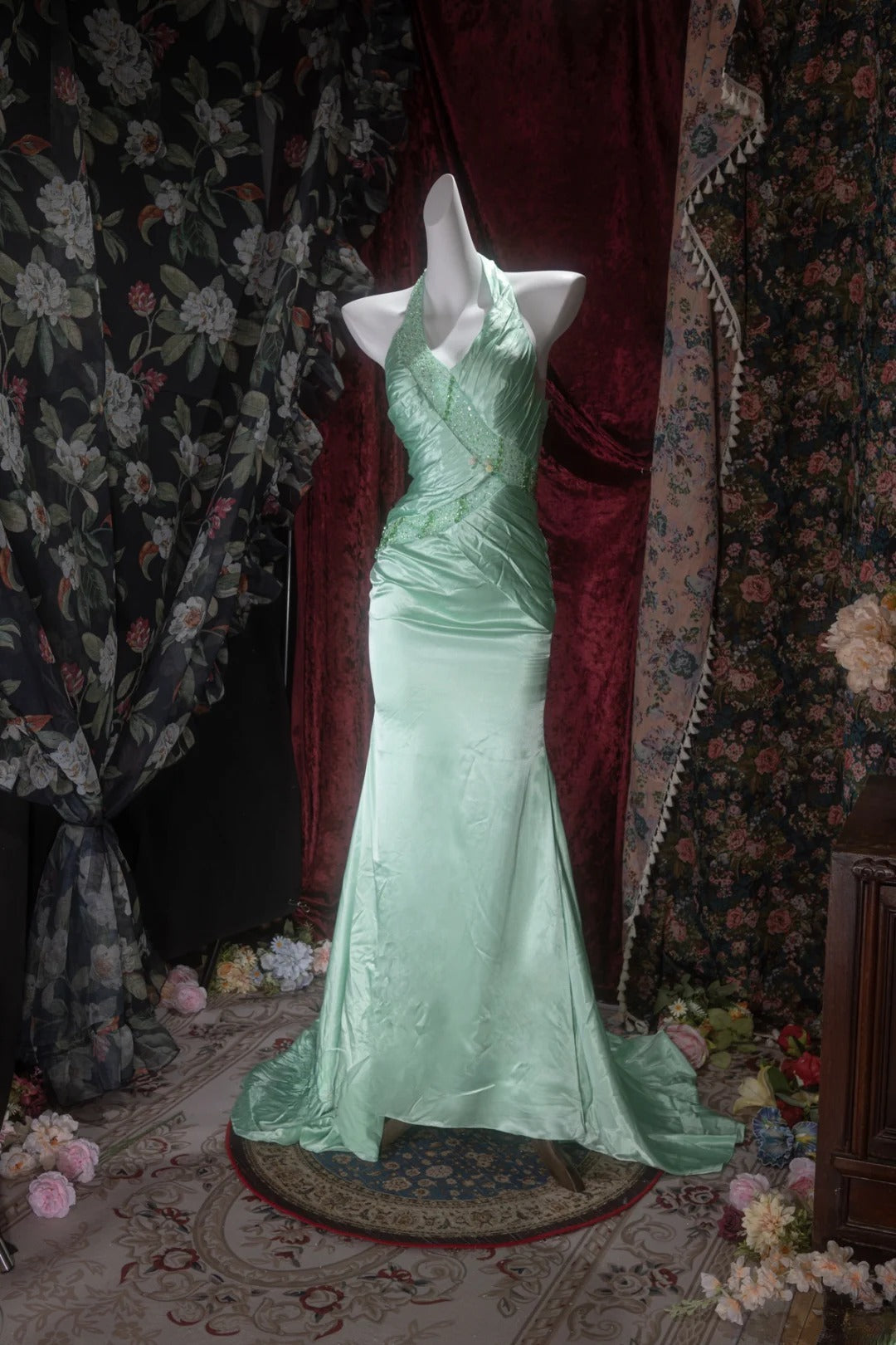 Elegant Mermaid V Neck Green Satin With Beading Long Prom Dresses Formal Outfit Evening Night Dress RB8076