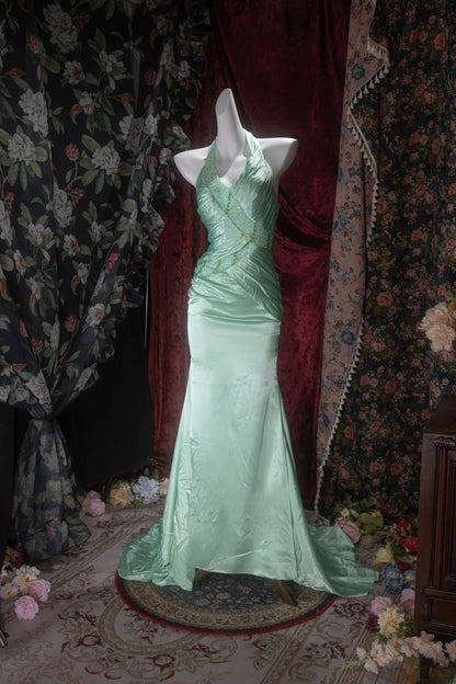 Elegant Mermaid V Neck Green Satin With Beading Long Prom Dresses Formal Outfit Evening Night Dress RB8076