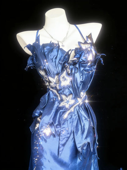 Retro 1950s Mermaid Spaghetti Strap Royal Blue Satin With Applique For Women Long Prom Dress Birthday Gowns AS053