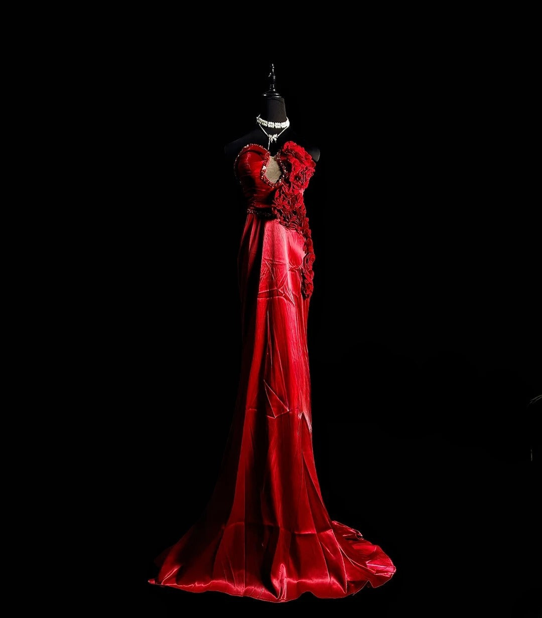 Vintage Mermaid Sweetheart Red Long Prom Dress With Flowers Formal Dress Party Dresses RB6944