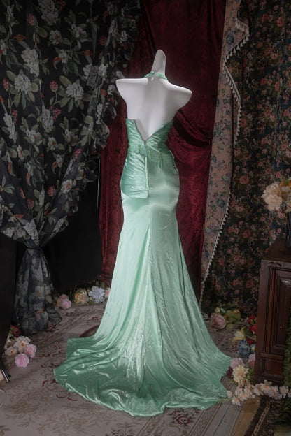 Elegant Mermaid V Neck Green Satin With Beading Long Prom Dresses Formal Outfit Evening Night Dress RB8076