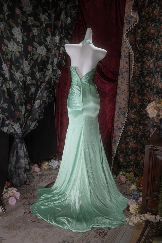 Elegant Mermaid V Neck Green Satin With Beading Long Prom Dresses Formal Outfit Evening Night Dress RB8076