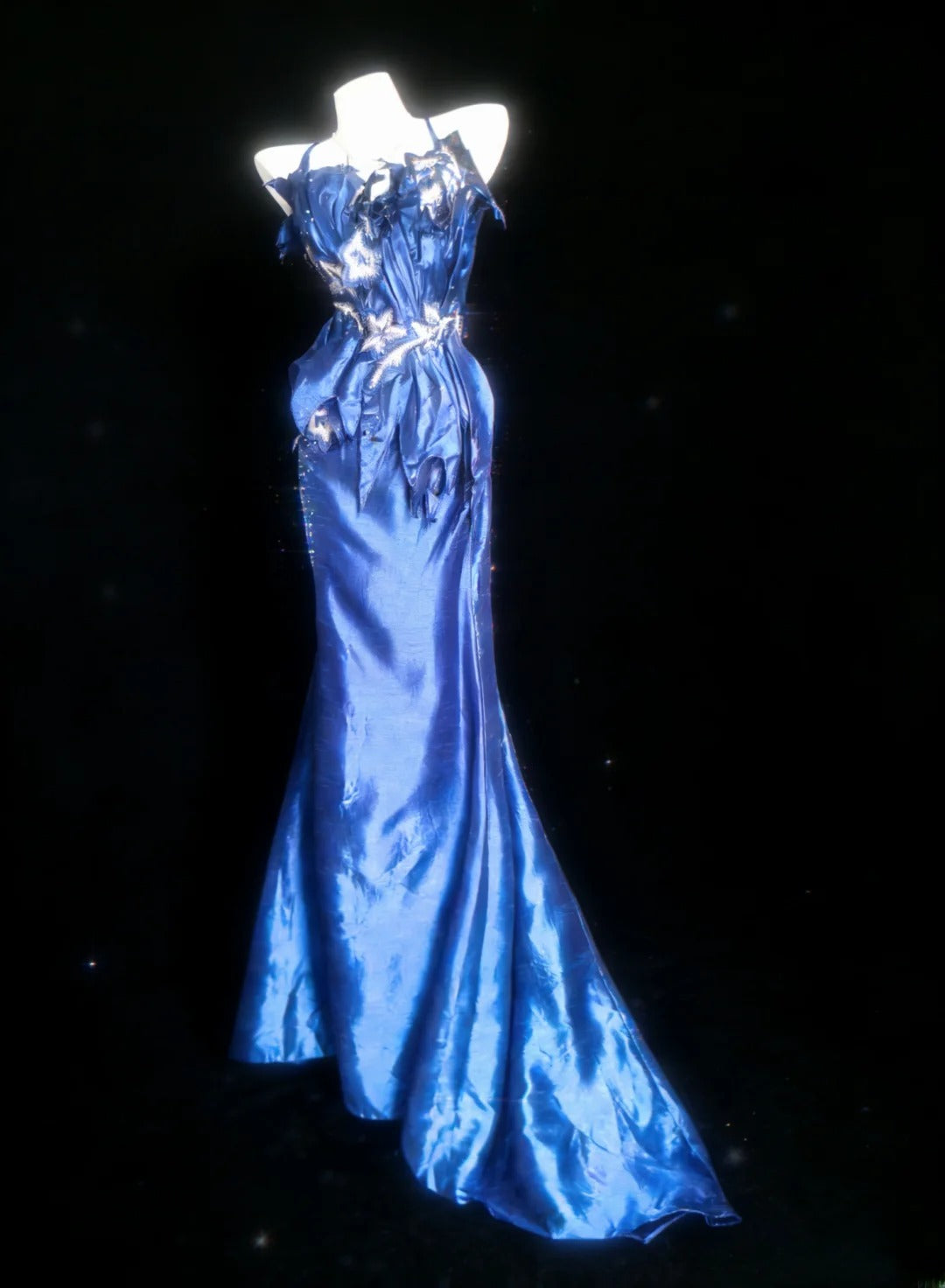 Retro 1950s Mermaid Spaghetti Strap Royal Blue Satin With Applique For Women Long Prom Dress Birthday Gowns AS053