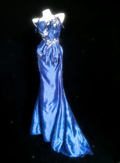 Retro 1950s Mermaid Spaghetti Strap Royal Blue Satin With Applique For Women Long Prom Dress Birthday Gowns AS053