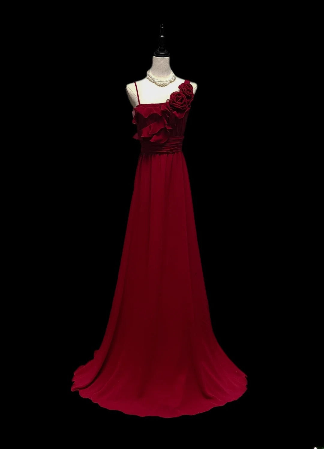 Robe de bal longue classique en mousseline bordeaux, sans manches, à fines bretelles et coupe trapèze, pour les élèves de terminale (AS053)