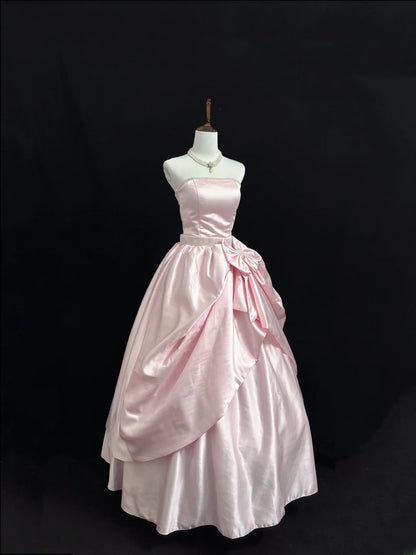 Modest Ball Gown Strapless Pink Satin With Beading Ruffled Quince Dress Voluminous Sweet 16 Sweet Sixteen Outfits Vestido de RB7424