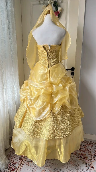 Prinzessin-Kleider für den 16. Geburtstag, lang, trägerlos, gelb, Ballkleid mit Rüschen, Sweet Sixteen Geburtstagskleid RC0423