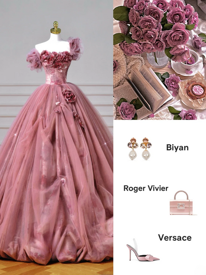 Robe de bal de fin d'année modeste pour lycéennes - Inspiration robe de bal bustier rose à fleurs, semi-formelle, longue, AQ053