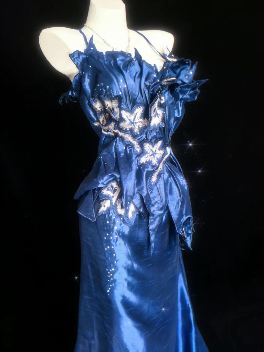 Retro 1950s Mermaid Spaghetti Strap Royal Blue Satin With Applique For Women Long Prom Dress Birthday Gowns AS053