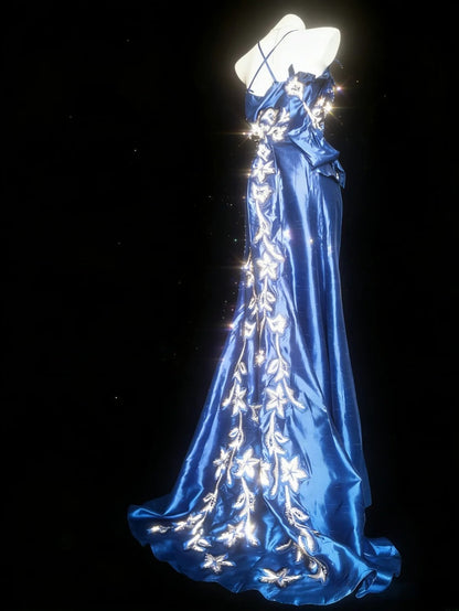 Retro 1950s Mermaid Spaghetti Strap Royal Blue Satin With Applique For Women Long Prom Dress Birthday Gowns AS053