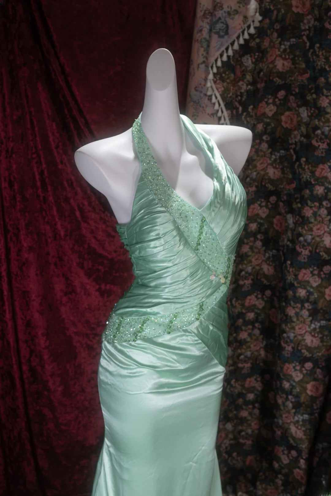 Elegant Mermaid V Neck Green Satin With Beading Long Prom Dresses Formal Outfit Evening Night Dress RB8076