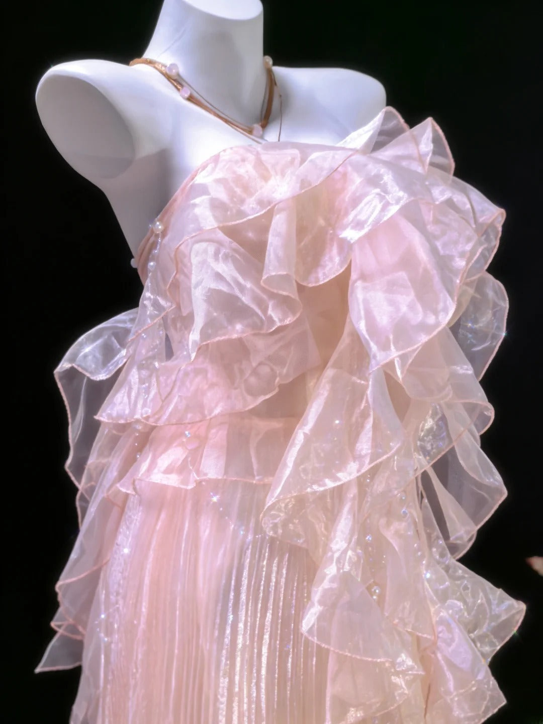 Robe de bal longue rétro chic en tulle rose sans bretelles, coupe trapèze, idéale pour les jeunes filles en terminale ou pour un 21e anniversaire (AS054)