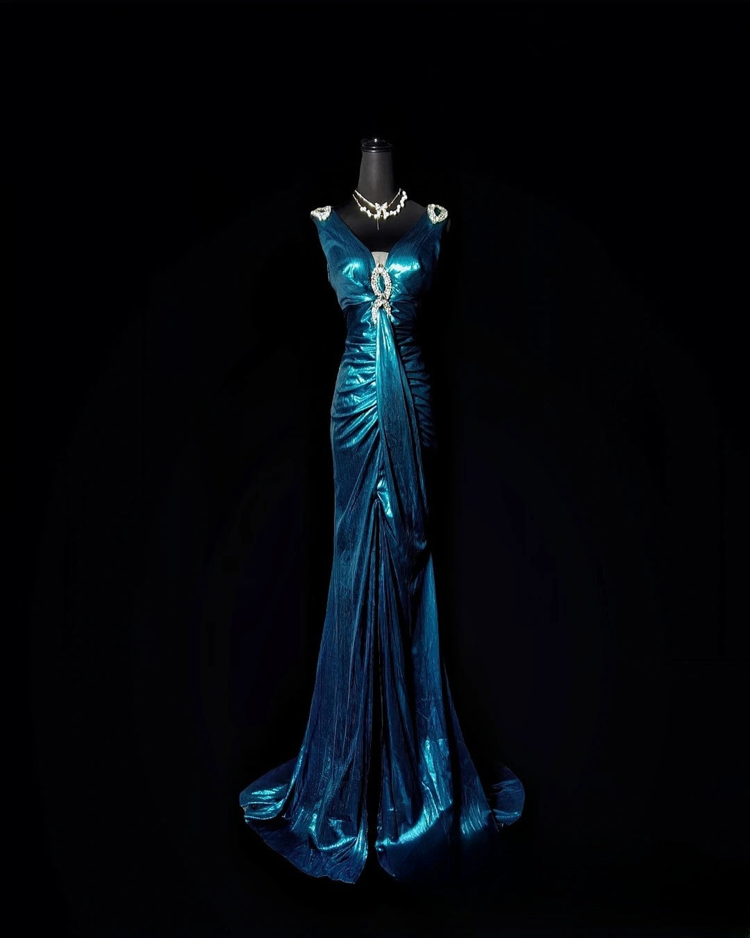 Vintage Mermaid V Neck Blue Long Prom Dress With Ruffled Formal Dress Party Dresses RB6945