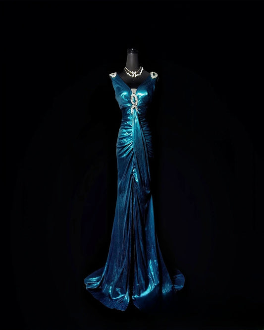 Vintage Mermaid V Neck Blue Long Prom Dress With Ruffled Formal Dress Party Dresses RB6945