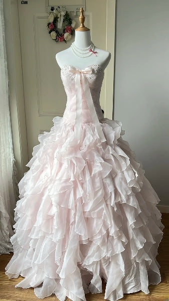 Prinzessinnen-Kleid für den 16. Geburtstag, lang, herzförmiger Ausschnitt, rosa, mit gestuften Lagen, Ballkleid, Sweet-Sixteen-Party-Geburtstagskleid RC0424