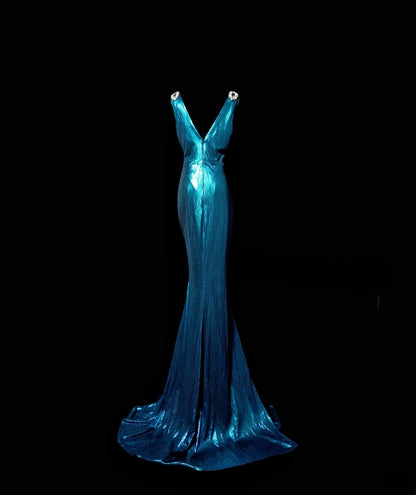 Vintage Mermaid V Neck Blue Long Prom Dress With Ruffled Formal Dress Party Dresses RB6945