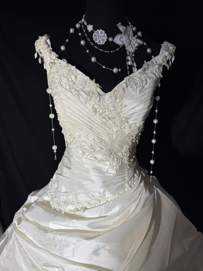 Robe de mariée longue vintage années 1960, robe de bal style col V pour la mariée, à volants avec traîne en dentelle plissée, robe de mariée blanche AS054